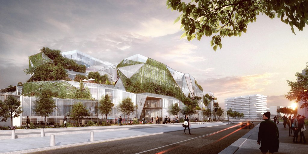 Com área superficial de 65 mil metros quadrados, o complexo parisiense será composto por dois prédios de fachada geométrica alternada entre vidro e jardins