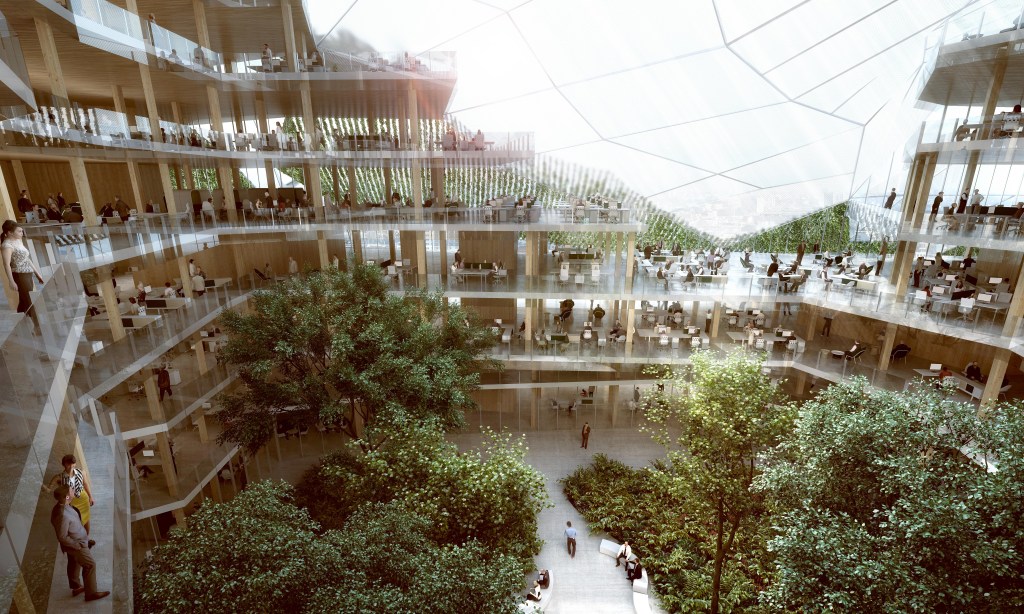 Com área superficial de 65 mil metros quadrados, o complexo parisiense será composto por dois prédios de fachada geométrica alternada entre vidro e jardins