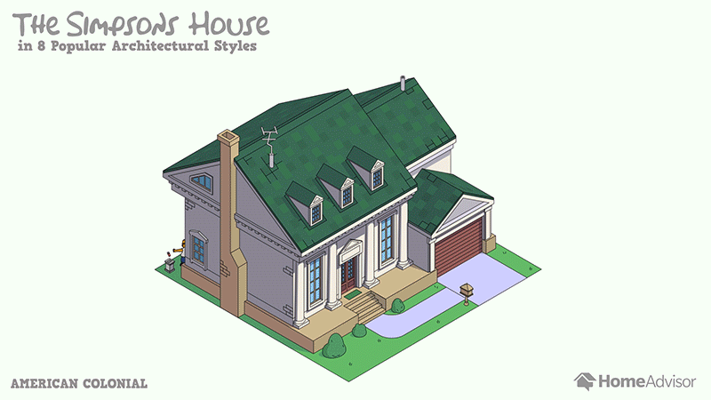 As características das construções tipo tudor, colonial e contemporâneo foram aplicadas na casa do seriado Os Simpsons